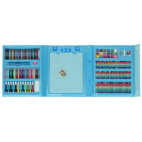 Zestaw plastyczny do malowania w walizce 208 elementów kredki pastele markery pisaki farby linijka niebieski