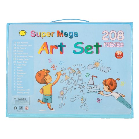 Zestaw plastyczny do malowania w walizce 208 elementów kredki pastele markery pisaki farby linijka niebieski