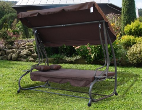 Rodzinna Huśtawka ogrodowa z Daszkiem Czekoladowy + Tekstylina 2x1 + Regulowane siedzisko + Materac + 2 Podstawki na napoje