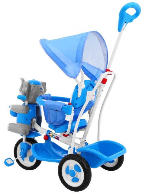 3-kołowy Rowerek dla dzieci Słonik Niebieski + Dźwięki + Daszek + Barierka + Podnóżek + Rączka + Płozy + Schowek