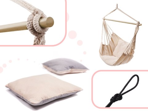 Fotel wiszący krzesło brazylijskie huśtawka z poduszkami BOHO ecru