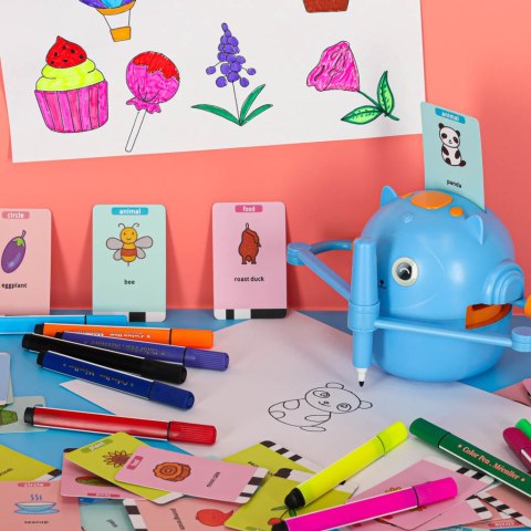 Robot edukacyjny interaktywny nauka rysowania pisania zestaw fiszki mazaki niebieski