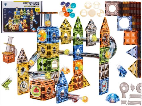 Klocki Magnetyczne Konstrukcyjne TOR KULKOWY Świecące Elementy 105 El. Kulodrom Przecena