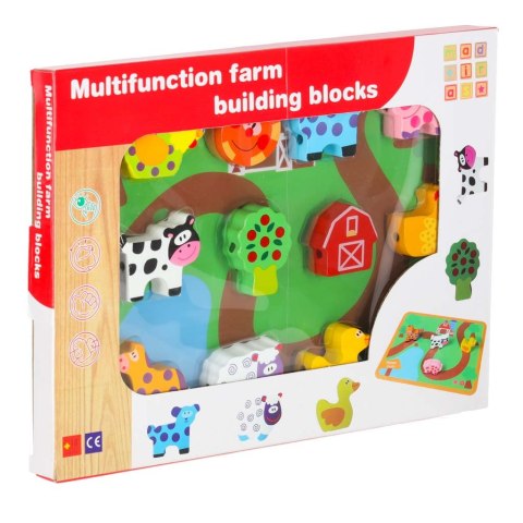 Klocki drewniane do nawlekania tablica plansza farma zwierzęta