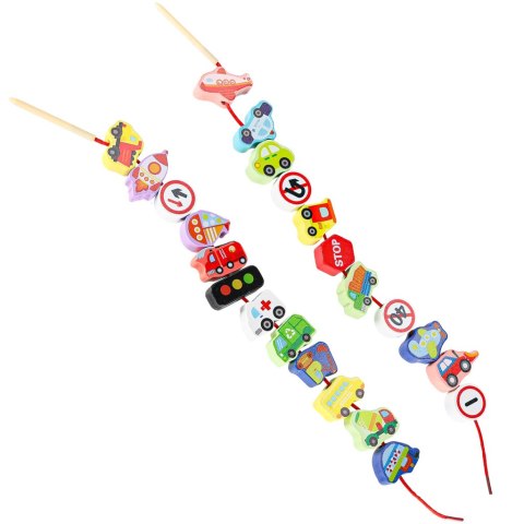 Klocki drewniane do nawlekania pojazdy znaki drogowe