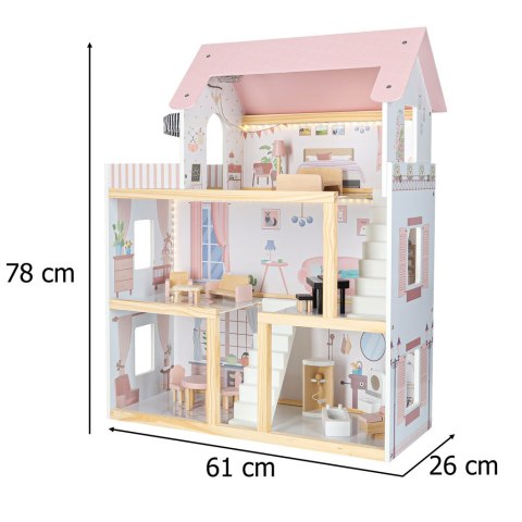 Domek dla lalek drewniany mebelki 80cm róż LED
