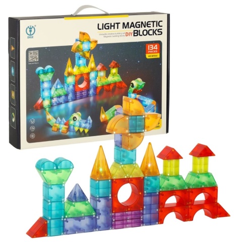 Klocki magnetyczne duży zestaw klocków magnetycznych świecące 134 el.