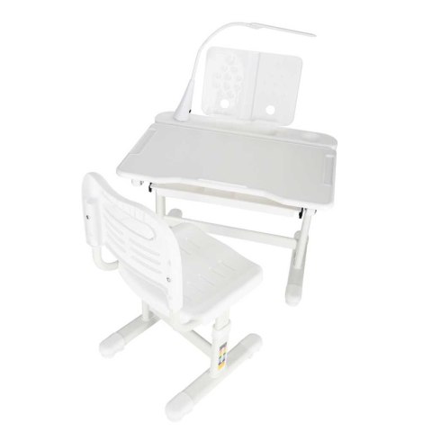 Biurko dziecięce szkolne regulowane krzesło lampka LED USB białe