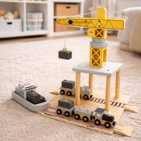 Dźwig drewniany żuraw port morski + statek auta