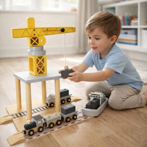 Dźwig drewniany żuraw port morski + statek auta