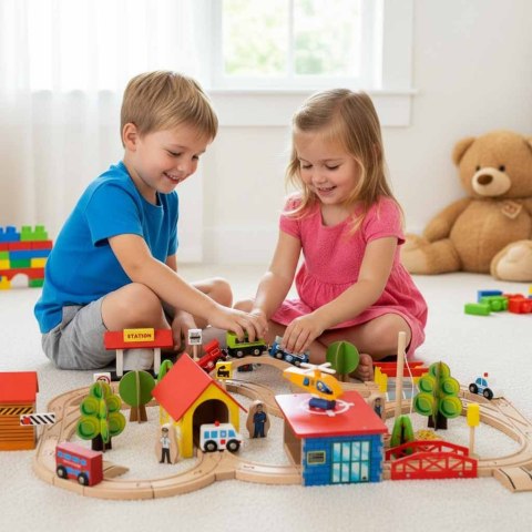 Kolejka drewniana pociąg lokomotywa miasto 69 elementów