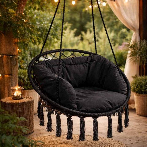 Huśtawka fotel bocianie gniazdo z oparciem czarna 80cm + poduszki 120kg