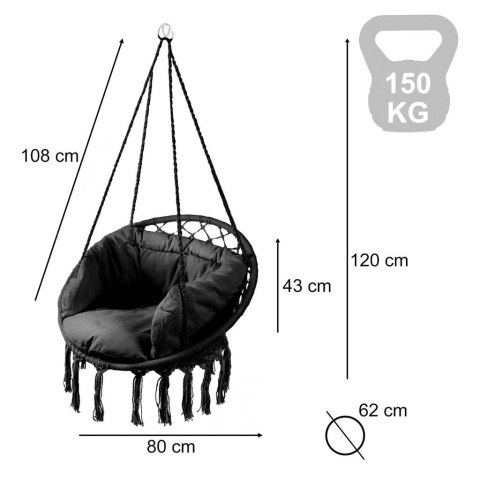 Huśtawka fotel bocianie gniazdo z oparciem czarna 80cm + poduszki 120kg