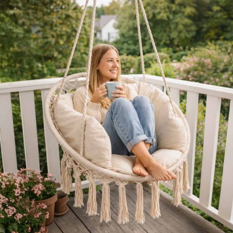 Huśtawka fotel bocianie gniazdo z oparciem ecru 80cm + poduszki 120kg