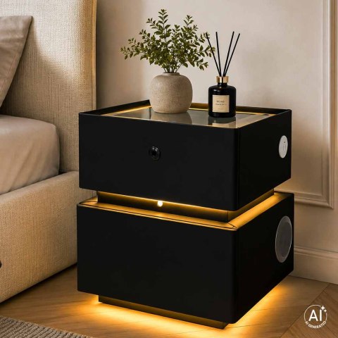 Szafka nocna wisząca szuflady oświetlenie LED USB ładowanie głośnik Bluetooth czarna