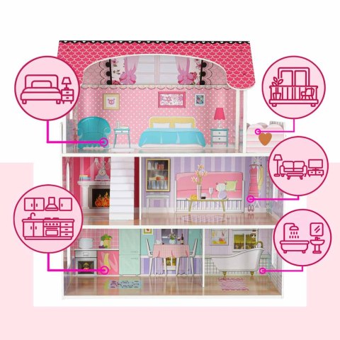 Domek dla lalek drewniany MDF mebelki 70cm różowy LED