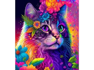 Haft Diamentowy, Obraz, Mozaika Diamentowa Diamond Painting, KOTEK W KOLOROWYCH KWIATACH 30x40cm