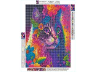 Haft Diamentowy, Obraz, Mozaika Diamentowa Diamond Painting, KOTEK W KOLOROWYCH KWIATACH 30x40cm