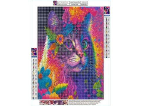 Haft Diamentowy, Obraz, Mozaika Diamentowa Diamond Painting, KOTEK W KOLOROWYCH KWIATACH 30x40cm